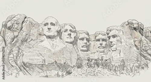 Line Drawing of Mount Rushmore with US Presidents