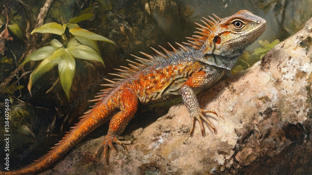 Fototapeta premium Vibrant orange and grey lizard perched on a tree branch in a lush green forest.