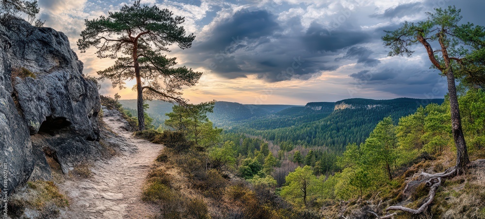 Obraz premium A forest trail leading to a mountain viewpoint