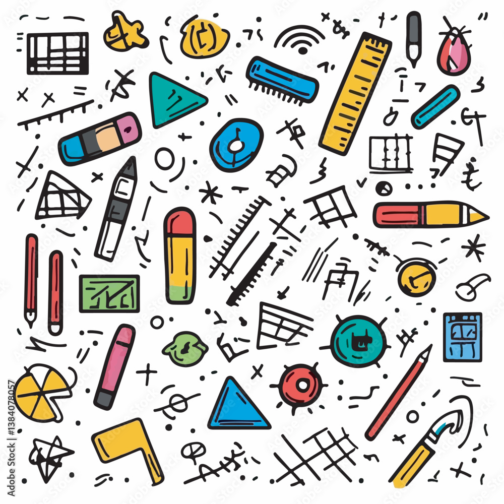 Stationery doodle floats amidst scattered sketches on white background Stationery doodle floats amidst scattered sketches on white background