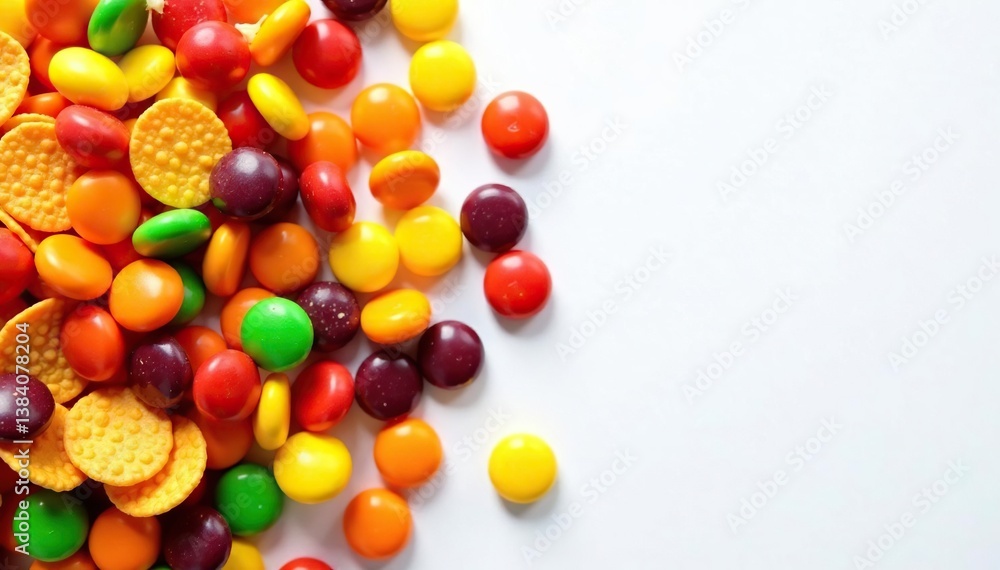 Pile of colorful candy, chips, and soda on white , sugar, soda Pile of colorful candy, chips, and soda on white , sugar, soda