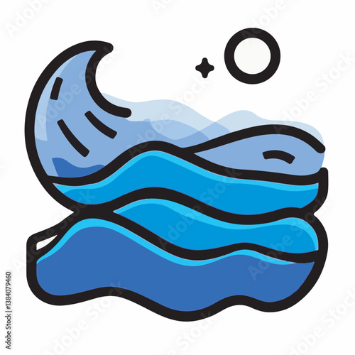 Stylized waves flow softly at calm beachside night scene