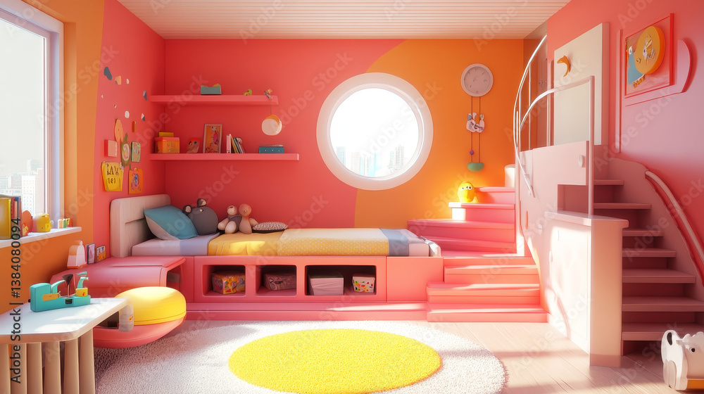 Fototapeta premium Children's room with bright Coral color wall,3D rendering