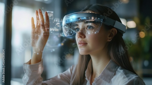 Woman using futuristic AR glasses, interacting with holographic interface.