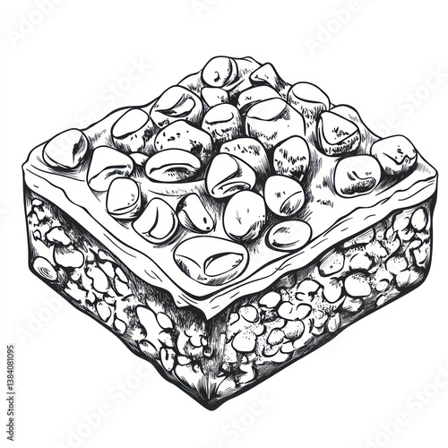 Hand-drawn illustration of a square-shaped rocky road dessert with marshmallows and nuts.