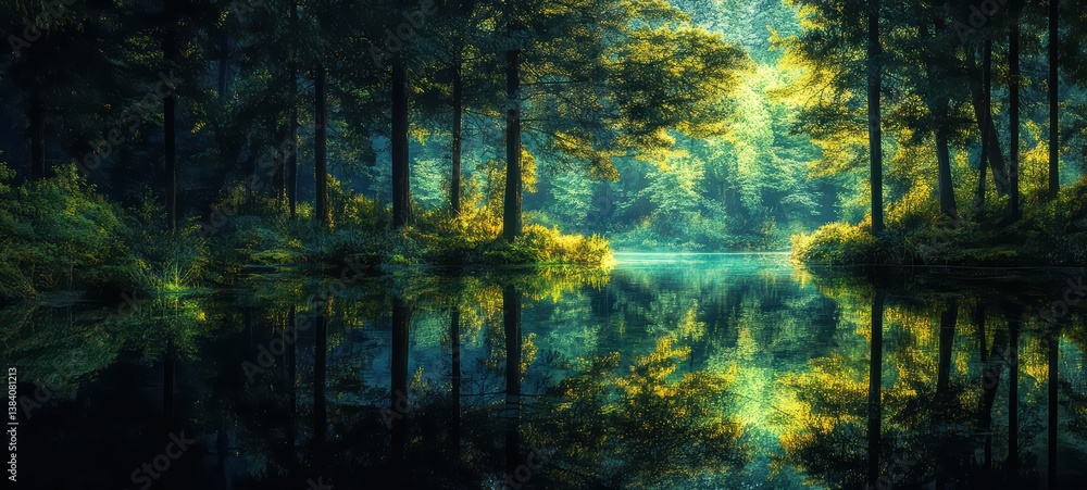 Fototapeta premium A glowing forest reflected in a still pond