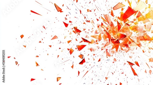 Shattered glass explosion, red and orange fragments on white background.