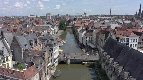 Aerial of Belfry of Bruges Medieval city center in Bruges, Belgium