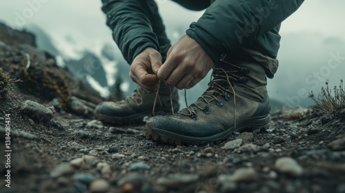Tieing hiking boots outdoors.  Close up of hands tying laces on sturdy hiking boots on rocky terrain.  Misty mountain backdrop