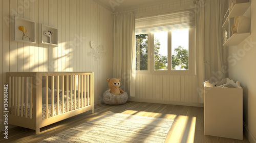 Children working room,Mock up wall in the children's room in light cream color wall background,3d rendering