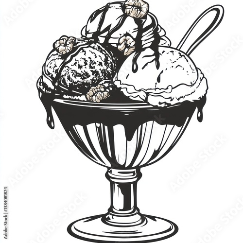 Delicious ice cream sundae with walnuts and chocolate sauce in a glass bowl.