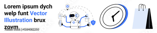 Robot multitasking with tools and shield, a clock for time management, and a shopping bag symbolizing commerce. Ideal for automation, e-commerce, AI technology, robotics, time management, retail
