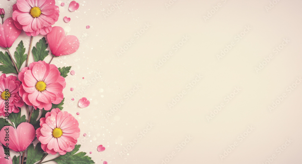 Fototapeta premium Romantic pink flowers and hearts on soft background