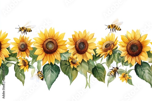 Vibrant watercolor painting of sunflowers and busy bees creates a cheerful summer border Perfect for textile prints, invitations, and more