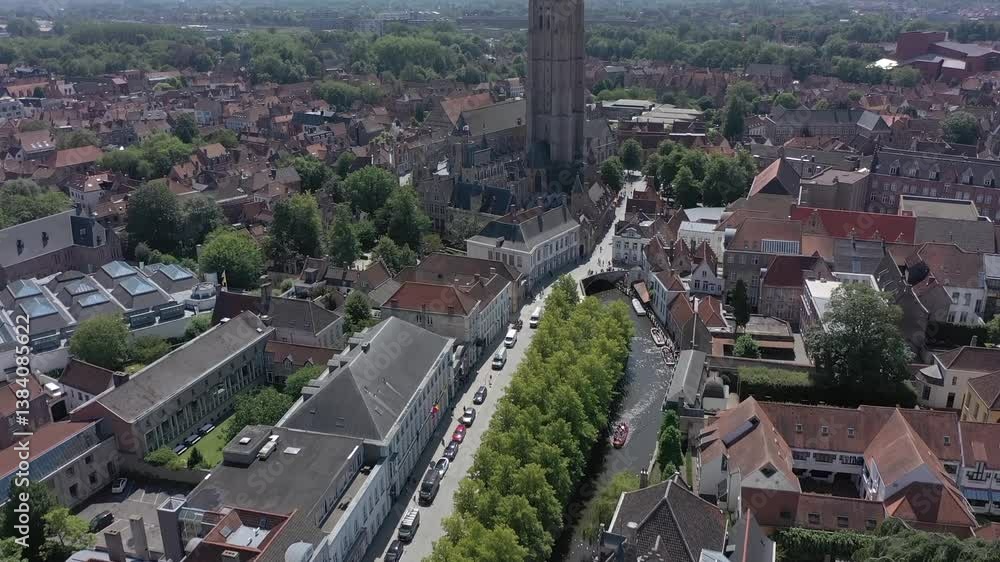 Aerial of Belfry of Bruges Medieval city center in Bruges, Belgium