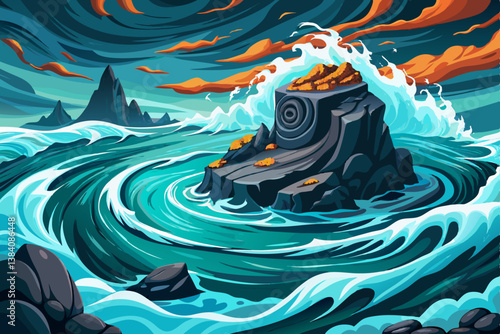 turbulent ocean around a small rocky island with basalt cliffs