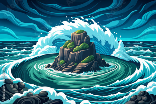 turbulent ocean around a small rocky island with basalt cliffs