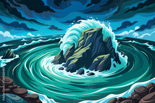 turbulent ocean around a small rocky island with basalt cliffs
