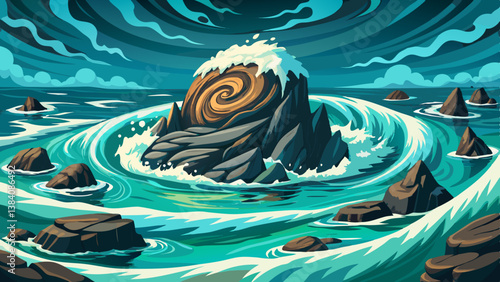 turbulent ocean around a small rocky island with basalt cliffs