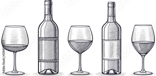 set of vector wine glasses and bottles on white
