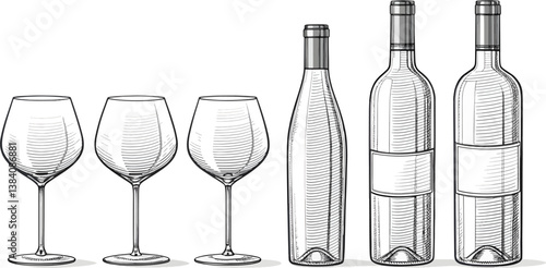 set of vector wine glasses and bottles on white