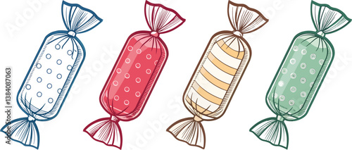 set of vector line art candies on white