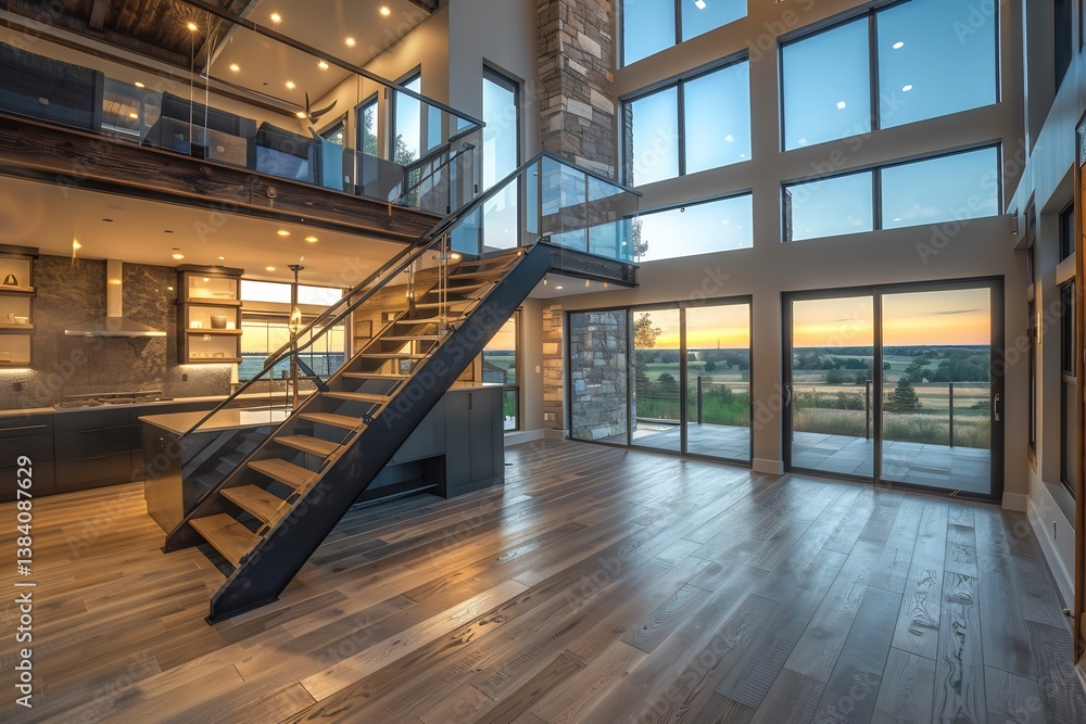 Luxurious modern rustic interior showcasing double height living area wooden staircase leading glass paneled mezzanine kitchen feature matte black island under cabinet lighting floor ceiling window Luxurious modern rustic interior showcasing double height living area wooden staircase leading glass paneled mezzanine kitchen feature matte black island under cabinet lighting floor ceiling window