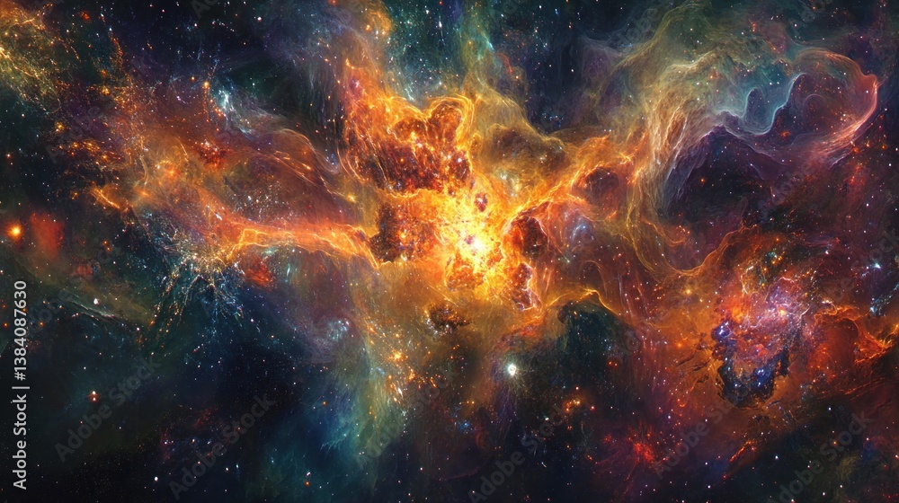 Fiery nebula with swirling cosmic dust and gas clouds in deep space. Fiery nebula with swirling cosmic dust and gas clouds in deep space.