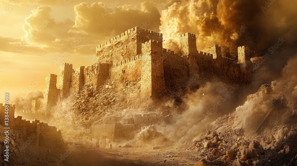 Fototapeta premium Ancient stone fortress crumbling under a dramatic, golden sunset sky, with dust and debris filling the foreground.