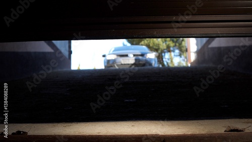 Foto Car is entering a garage with the door open, viewed from inside the garage
