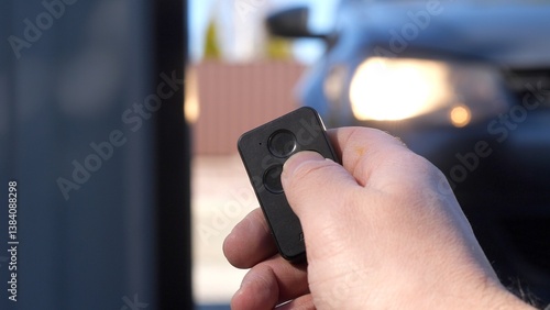 Man using remote to open garage door for car, enhancing convenience and security with keyless entry technology in suburban setting