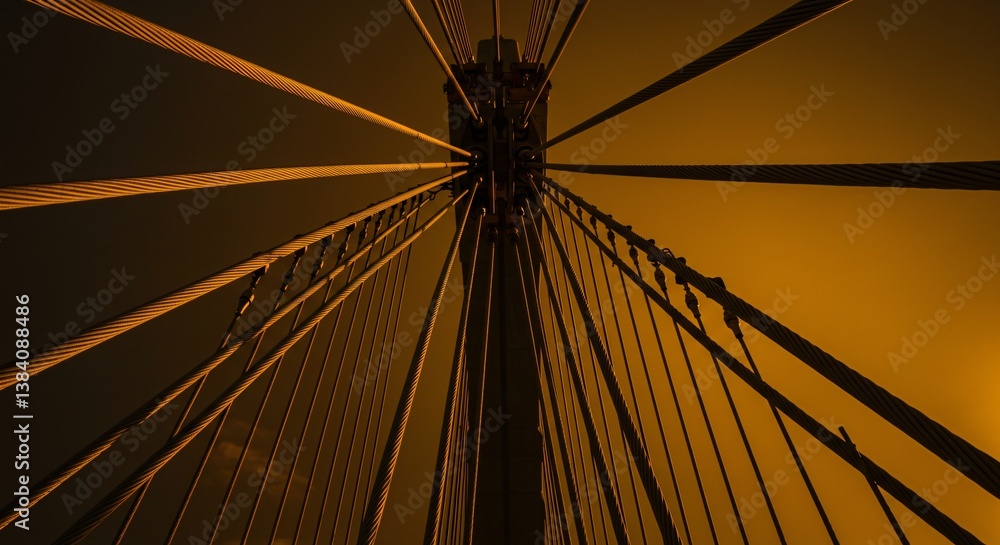 Silhouette of cable stayed bridge tower with radial support cables in dramatic converging perspective, contemporary structure for architecture landmark and industrial engineering Silhouette of cable stayed bridge tower with radial support cables in dramatic converging perspective, contemporary structure for architecture landmark and industrial engineering