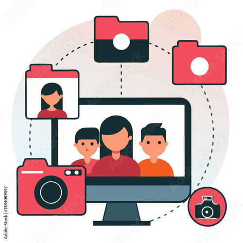 Illustration of computer screen displaying family photo with camera and folder icons around it