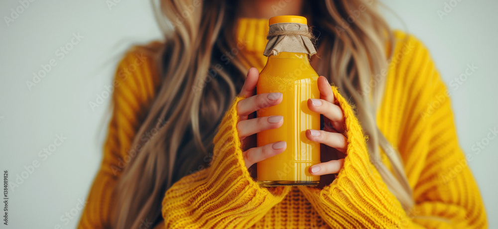 A woman in a yellow sweater holds a bottle of orange juice against a white background.
