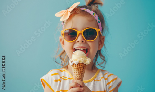 A happy little girl wearing yellow sunglasses and a headband eating an ice cream cone against a blue background.