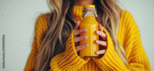 Obraz na płótnie A woman in a yellow sweater holds a bottle of orange juice against a white background. w salonie