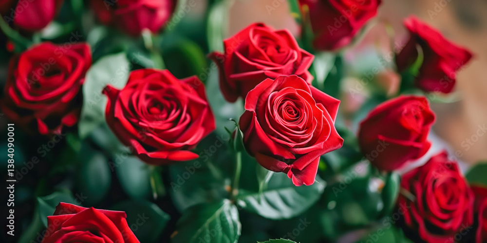A close-up of a bouquet of vibrant red roses with green leaves.