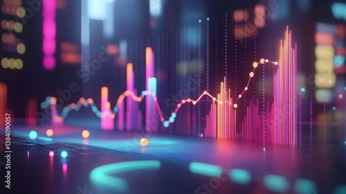 Wallpaper Mural Abstract glowing financial data visualization with vibrant bar and line charts on dark background. Torontodigital.ca