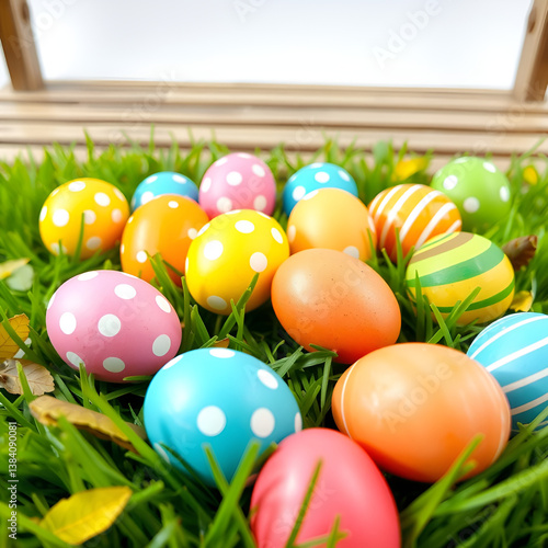 Easter eggs on grass near bench