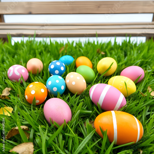 Easter eggs on grass near bench