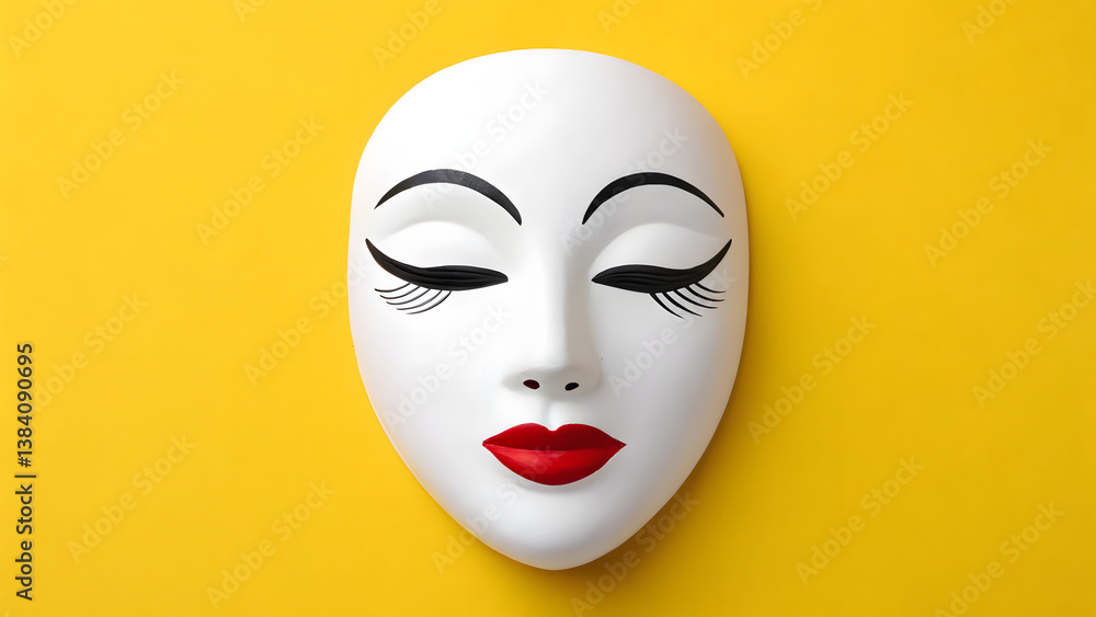 white mask with red lips and drawn eyebrows on s yellow background white mask with red lips and drawn eyebrows on s yellow background