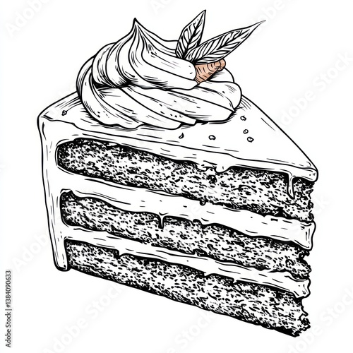 Delicious three-layered cake slice with whipped cream and garnish.