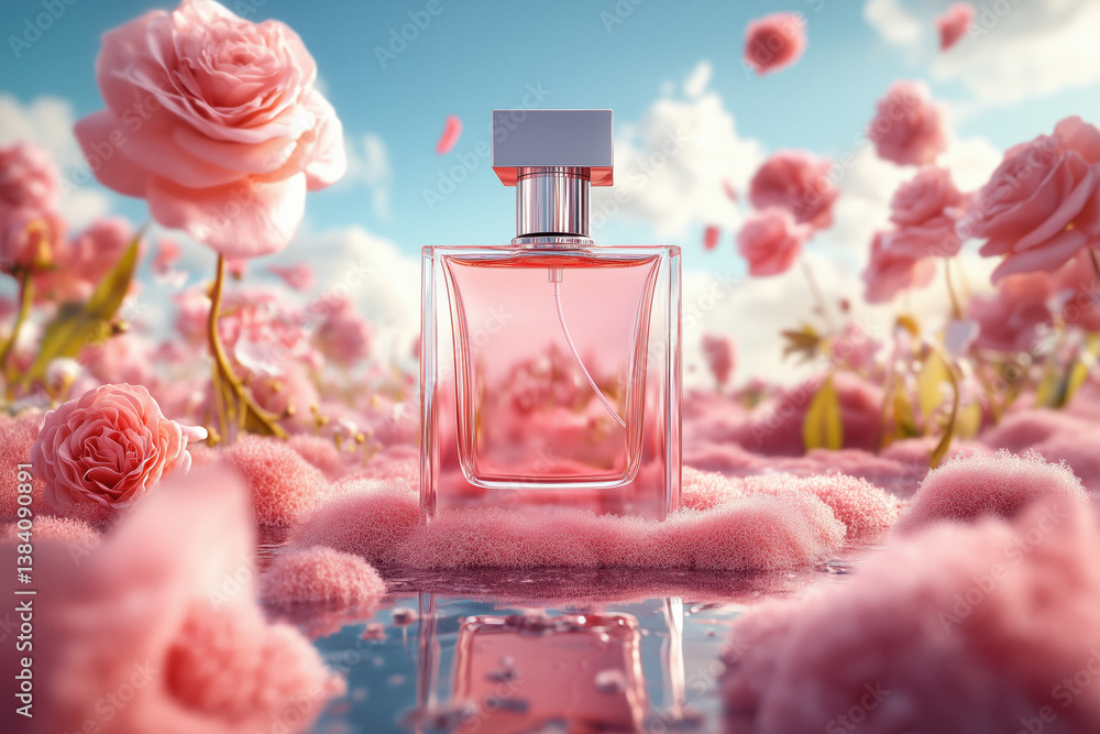 A pink perfume bottle with a silver cap sitting on a reflective surface surrounded by soft pink floral elements and roses against a bright sky.