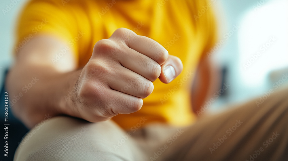 A close-up of a clenched fist of a person wearing a yellow t-shirt.