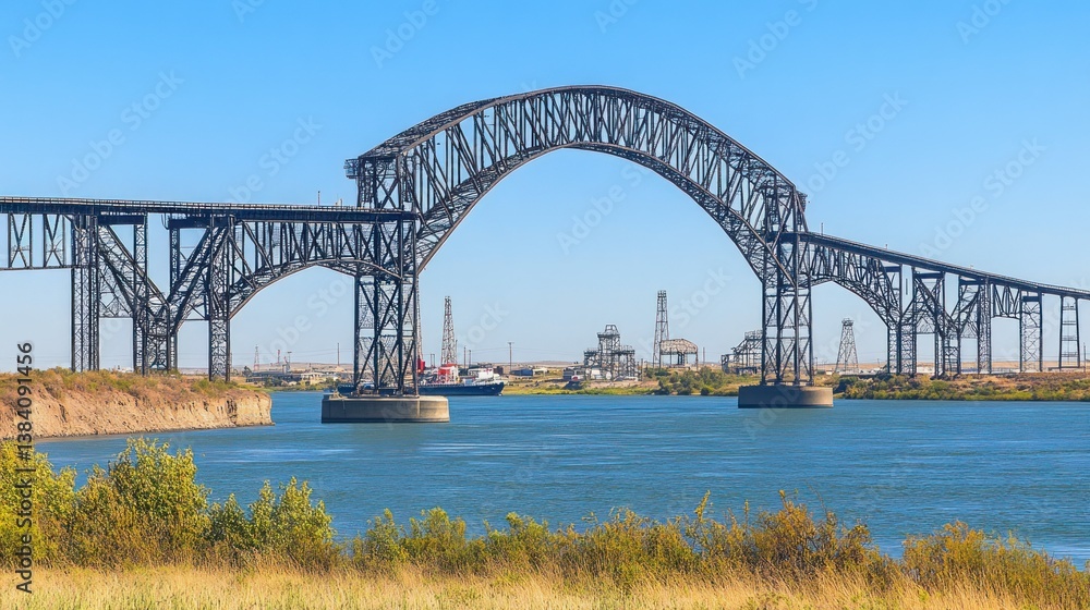 Industrial arch bridge spanning a canal under a clear sky Industrial arch bridge spanning a canal under a clear sky