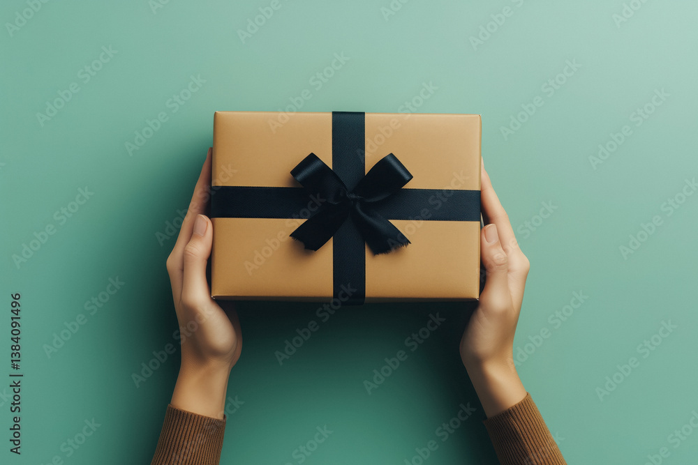 Two hands holding a wrapped gift box with brown paper and a black ribbon on a teal background.