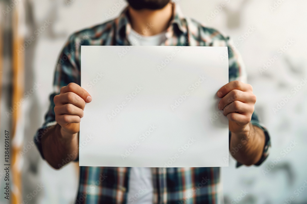 A person with a beard, wearing a plaid shirt, is holding a blank white square paper sign with both hands... Perfect for notes or messages.