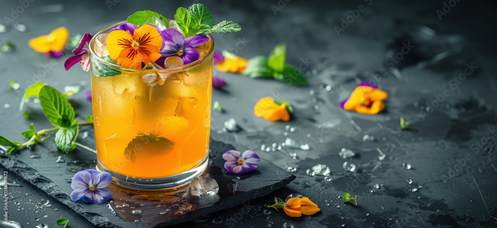 A refreshing orange cocktail in a tall glass garnished with edible flowers and mint leaves, sitting on a dark, textured surface with scattered flowers and ice cubes.