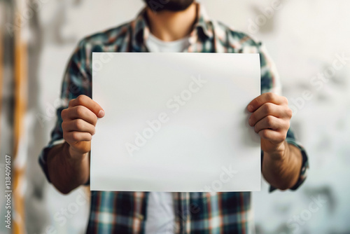 Obraz na płótnie A person with a beard, wearing a plaid shirt, is holding a blank white square paper sign with both hands... Perfect for notes or messages. w salonie