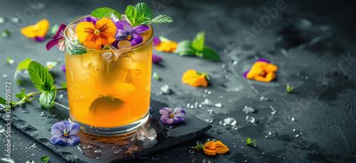 Obraz na płótnie A refreshing orange cocktail in a tall glass garnished with edible flowers and mint leaves, sitting on a dark, textured surface with scattered flowers and ice cubes. w salonie